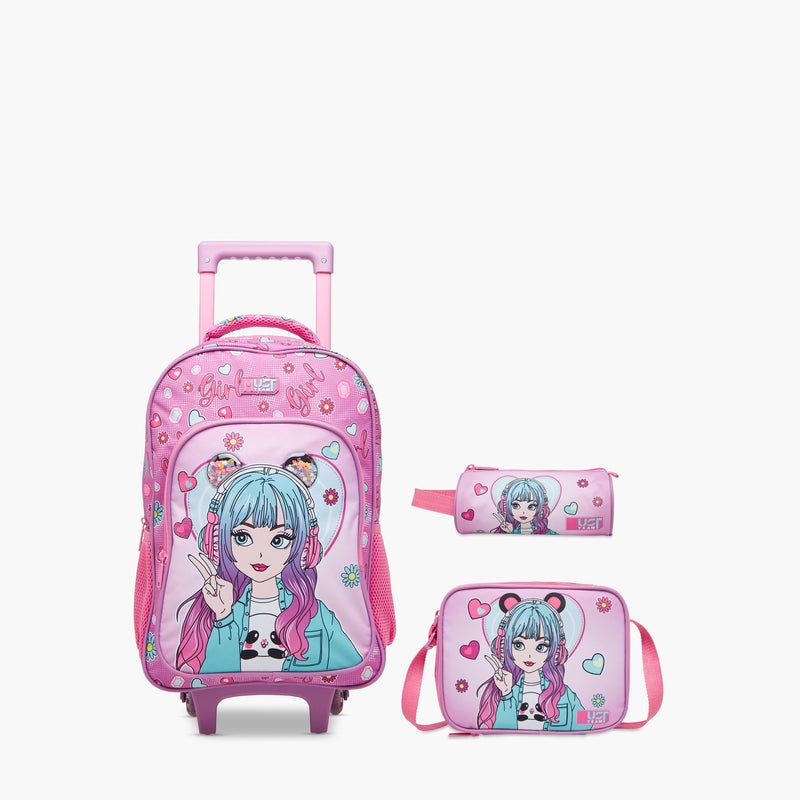 MUST Girl Print Trolley Backpack with Lunch Bag and Pencil Pouch - 43x30x13 cms - Image 1